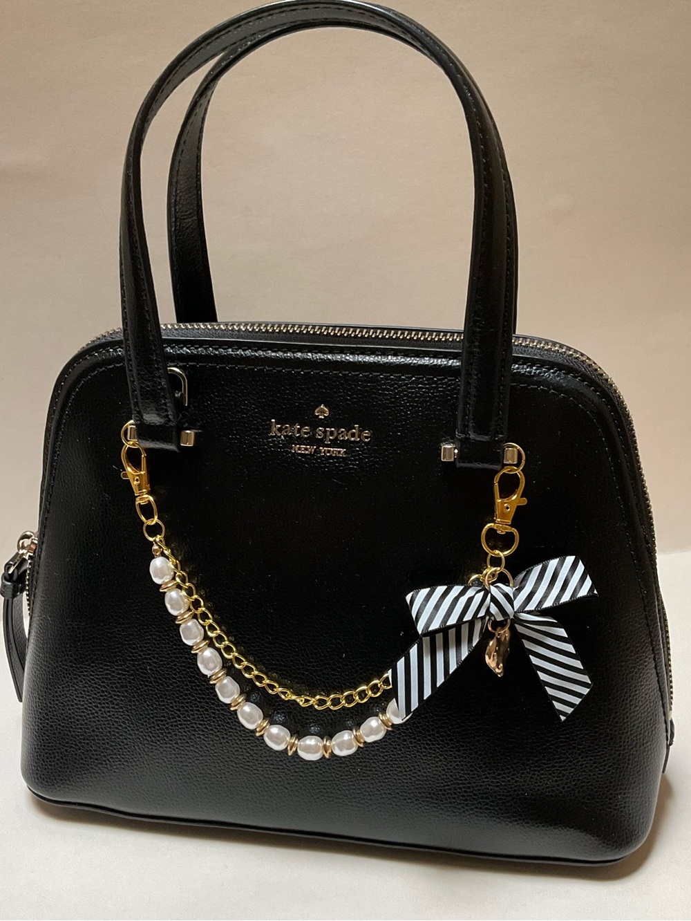 KATE SPADE Black Leather Satchel Pearl & Gold Bag Chain Striped Bow Charm Heart